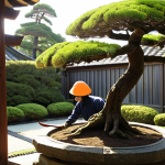 **

A Japanese garden with a gardener expertly pruning a bonsai tree with sharp, well-maintained *sentee-basami* (pruning shears). Focus on the clean cut and healthy appearance of the tree. Soft, diffused sunlight and meticulous detail.

**