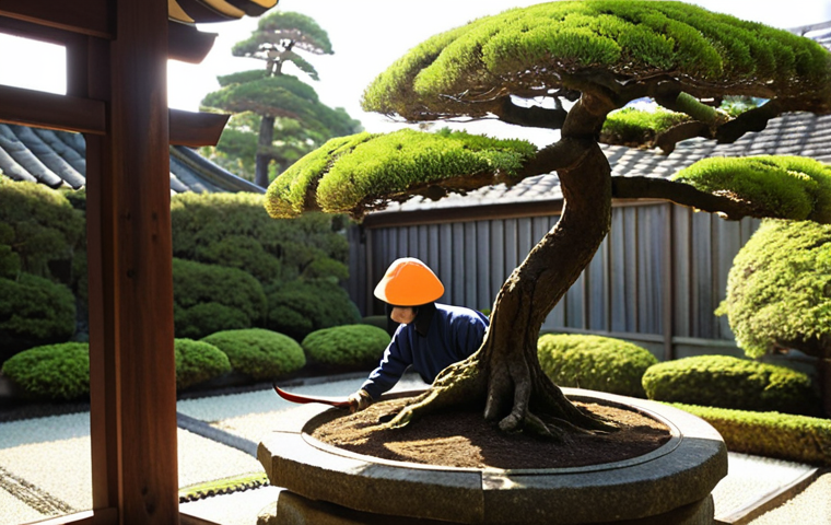 **

A Japanese garden with a gardener expertly pruning a bonsai tree with sharp, well-maintained *sentee-basami* (pruning shears). Focus on the clean cut and healthy appearance of the tree. Soft, diffused sunlight and meticulous detail.

**
