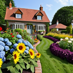 **A vibrant flowerbed with a mix of colorful flowers in full bloom, showcasing a variety of heights. Sunflowers in the background, roses and hydrangeas in the mid-ground, and pansies and alyssum in the foreground. The flowerbed is designed in an English garden style, with a charming house in the background.**