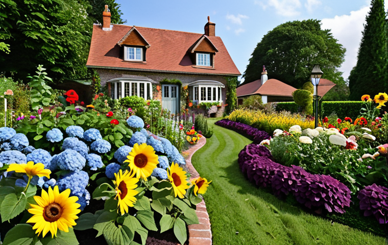 **A vibrant flowerbed with a mix of colorful flowers in full bloom, showcasing a variety of heights. Sunflowers in the background, roses and hydrangeas in the mid-ground, and pansies and alyssum in the foreground. The flowerbed is designed in an English garden style, with a charming house in the background.**