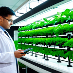 A professional agritech researcher, fully clothed in a modest lab coat, stands amidst a vibrant indoor vertical farm. Advanced hydroponic systems and gleaming LED grow lights illuminate lush green vegetables, with subtle digital interfaces displaying environmental data. The researcher is observing a smart planter, demonstrating technological integration in modern horticulture. The setting is clean, futuristic, and highly efficient. Professional photography, perfect anatomy, correct proportions, natural pose, well-formed hands, proper finger count, natural body proportions, safe for work, appropriate content, fully clothed, professional.