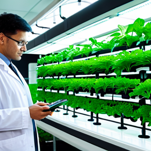 A professional agritech researcher, fully clothed in a modest lab coat, stands amidst a vibrant indoor vertical farm. Advanced hydroponic systems and gleaming LED grow lights illuminate lush green vegetables, with subtle digital interfaces displaying environmental data. The researcher is observing a smart planter, demonstrating technological integration in modern horticulture. The setting is clean, futuristic, and highly efficient. Professional photography, perfect anatomy, correct proportions, natural pose, well-formed hands, proper finger count, natural body proportions, safe for work, appropriate content, fully clothed, professional.