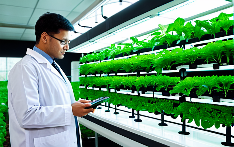 A professional agritech researcher, fully clothed in a modest lab coat, stands amidst a vibrant indoor vertical farm. Advanced hydroponic systems and gleaming LED grow lights illuminate lush green vegetables, with subtle digital interfaces displaying environmental data. The researcher is observing a smart planter, demonstrating technological integration in modern horticulture. The setting is clean, futuristic, and highly efficient. Professional photography, perfect anatomy, correct proportions, natural pose, well-formed hands, proper finger count, natural body proportions, safe for work, appropriate content, fully clothed, professional.