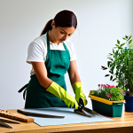 Exam Day Preparation**

A focused examinee, fully clothed in appropriate gardening attire (work apron, gloves), meticulously organizing gardening tools (pruning shears, scissors, floral tape) on a clean workspace before the exam. The scene is well-lit, displaying a calm and organized atmosphere. safe for work, appropriate content, professional setting, perfect anatomy, correct proportions, natural pose, high resolution, detailed textures, family-friendly.

**