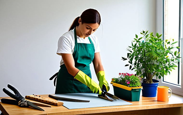 Exam Day Preparation**

A focused examinee, fully clothed in appropriate gardening attire (work apron, gloves), meticulously organizing gardening tools (pruning shears, scissors, floral tape) on a clean workspace before the exam. The scene is well-lit, displaying a calm and organized atmosphere. safe for work, appropriate content, professional setting, perfect anatomy, correct proportions, natural pose, high resolution, detailed textures, family-friendly.

**