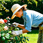 Practical Gardening Exam**

A fully clothed woman in practical gardening attire (khaki pants, work gloves, and a sun hat) carefully pruning a rose bush in a sunny garden setting. Perfect anatomy, correct proportions, well-formed hands. Demonstrate focus and precision. Background includes various garden tools and healthy plants. Safe for work, appropriate content, family-friendly, professional gardening illustration.

**