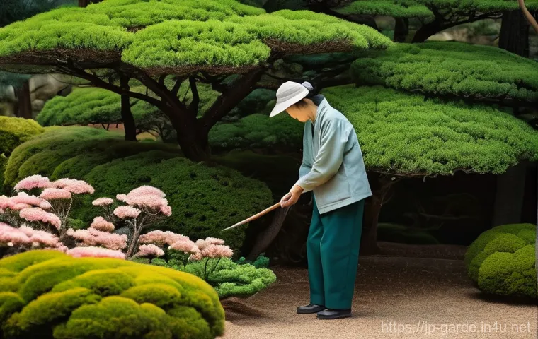 원예사와 조경사의 차이점 - **Prompt:** A serene and meticulously maintained Japanese garden. An elderly, skilled Japanese garde...