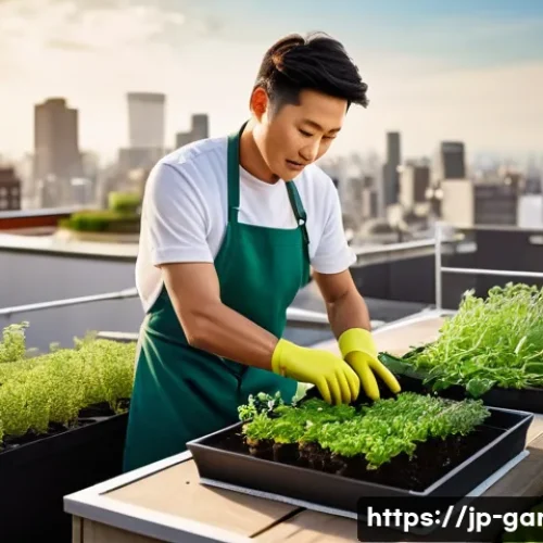 원예 자격증 취득 후 개인 브랜드 구축하기 - A professional urban gardening specialist tending to a rooftop garden in a modern Japanese city, sur...