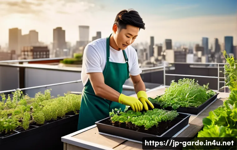 원예 자격증 취득 후 개인 브랜드 구축하기 - A professional urban gardening specialist tending to a rooftop garden in a modern Japanese city, sur...