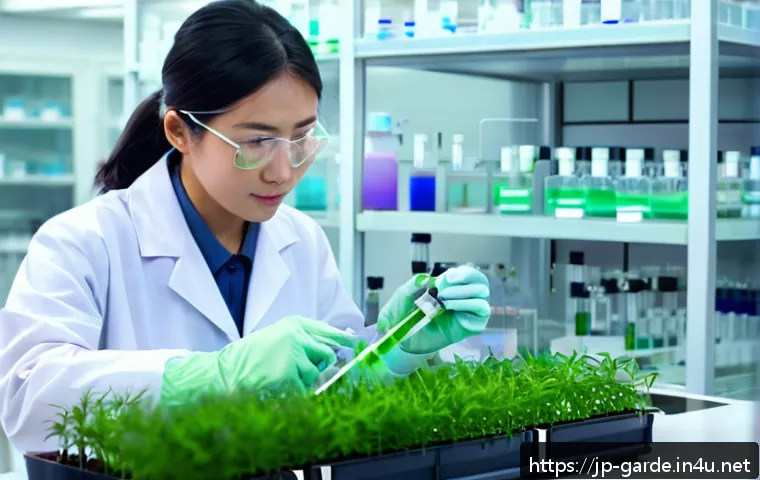 원예학 전공자를 위한 대학원 진학 팁 - A focused Japanese graduate student in a modern laboratory setting, carefully performing plant disea...