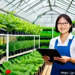 원예 관련 연봉 협상 전략 - A professional Japanese horticulturist woman in her early 30s, wearing smart casual attire and glass...