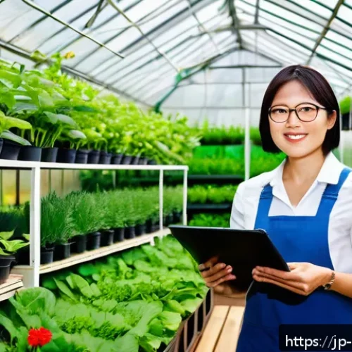 원예 관련 연봉 협상 전략 - A professional Japanese horticulturist woman in her early 30s, wearing smart casual attire and glass...