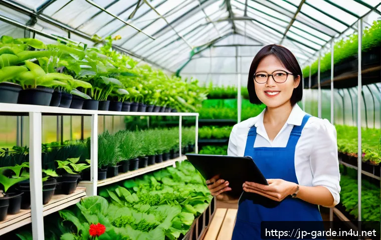원예 관련 연봉 협상 전략 - A professional Japanese horticulturist woman in her early 30s, wearing smart casual attire and glass...