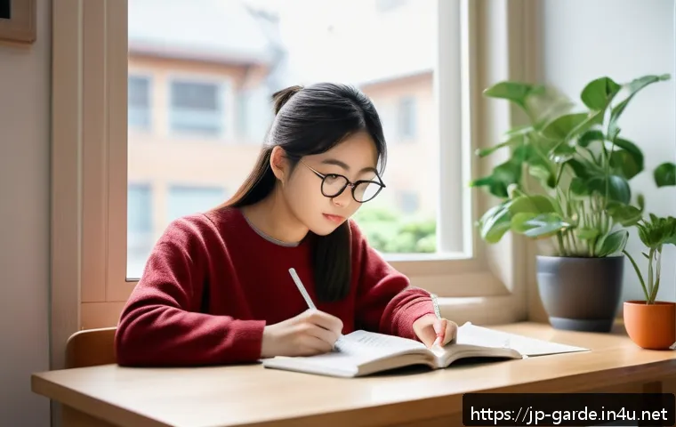 원예 자격증 필기 시험 최신 자료 추천 - A focused Japanese student studying indoors with natural light coming through a window, using the Po...